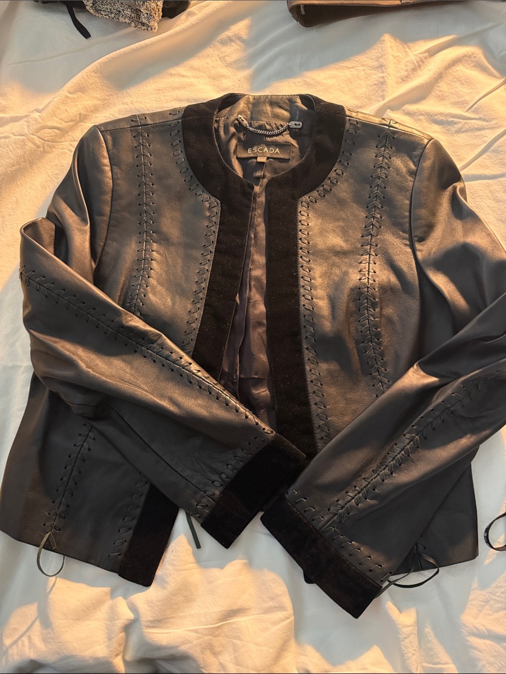 Escada Black Leather Jacket with Suede Trim Accents